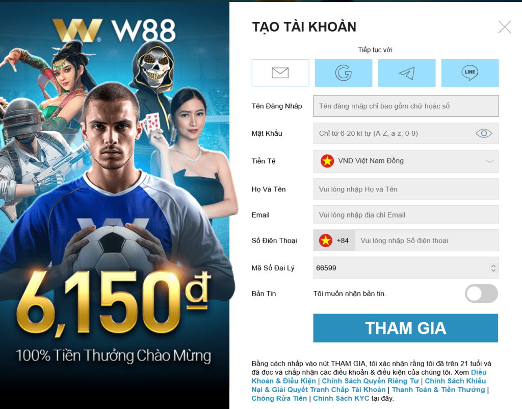 điền thông tin đăng ký W88
